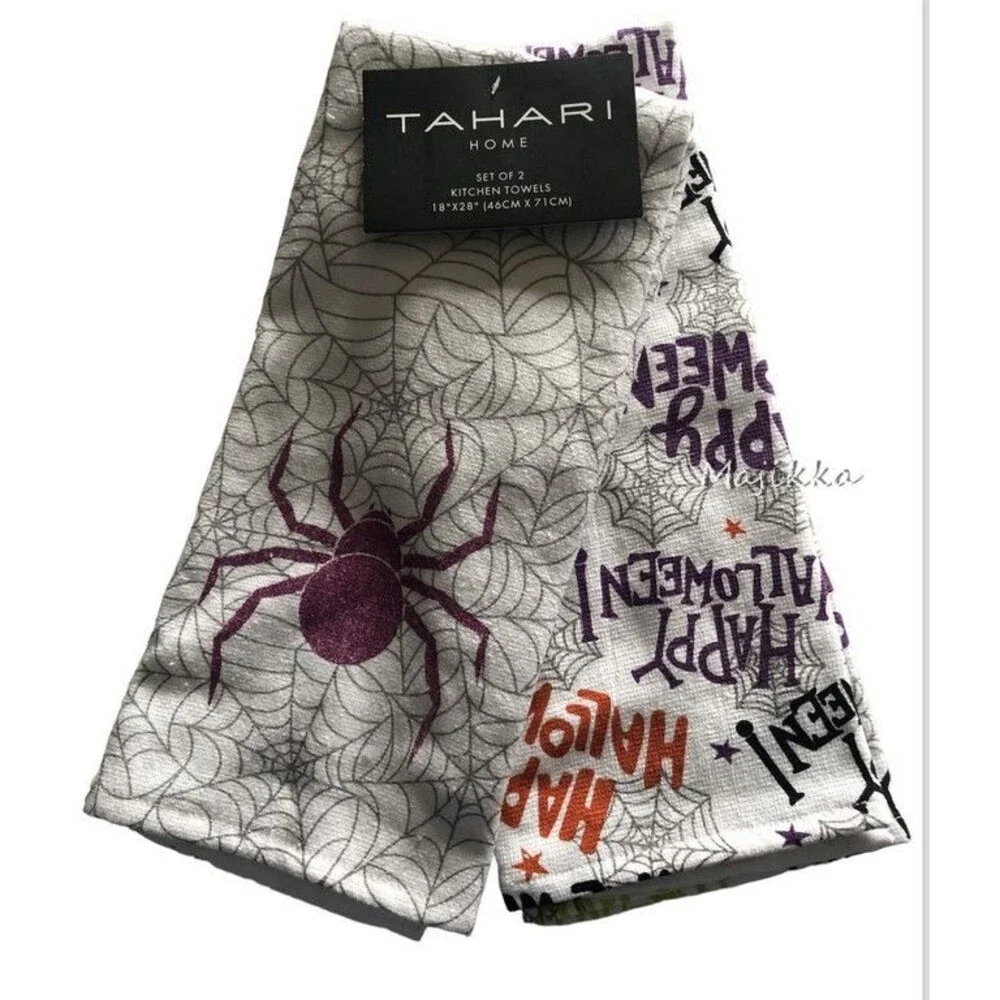 Tahari Happy Halloween Kitchen Dish Towels Purple Spider Webs Spooky Set of 2